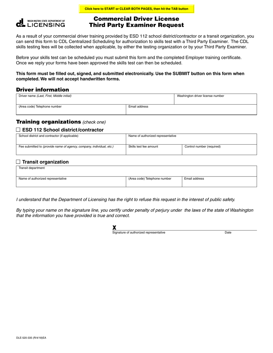 Form DLE-520-335 Commercial Driver License Third Party Examiner Request - Washington, Page 1