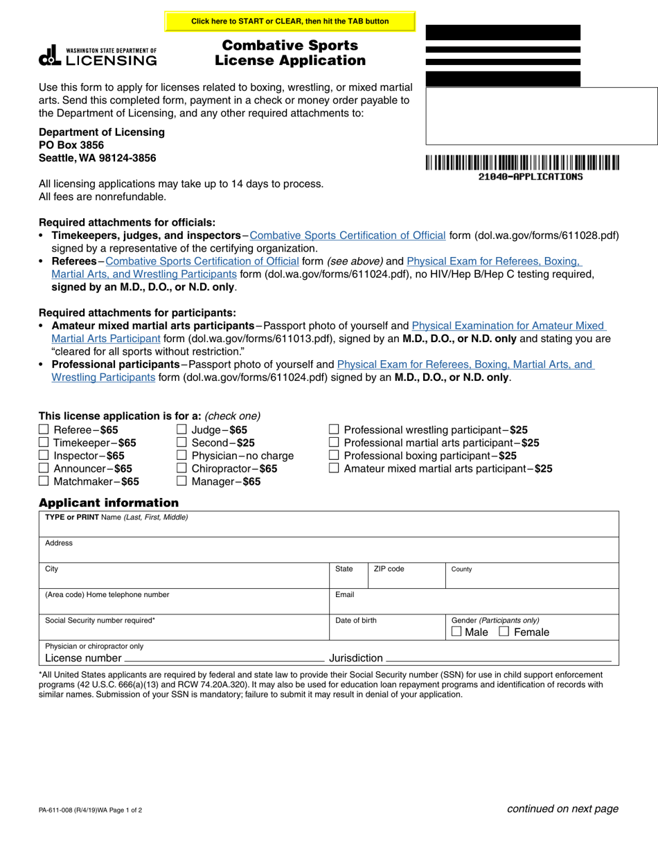 Form PA-611-008 Combative Sports License Application - Washington, Page 1