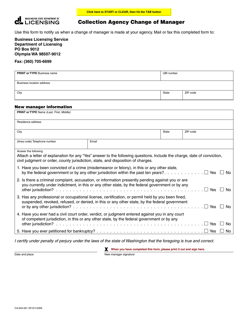 Form CA-643-001 Collection Agency Change of Manager - Washington, Page 1