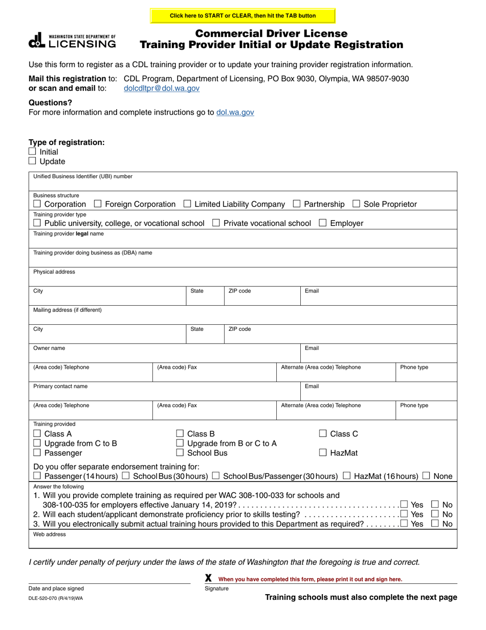 Form DLE-520-070 Commercial Driver License Training Provider Initial or Update Registration - Washington, Page 1