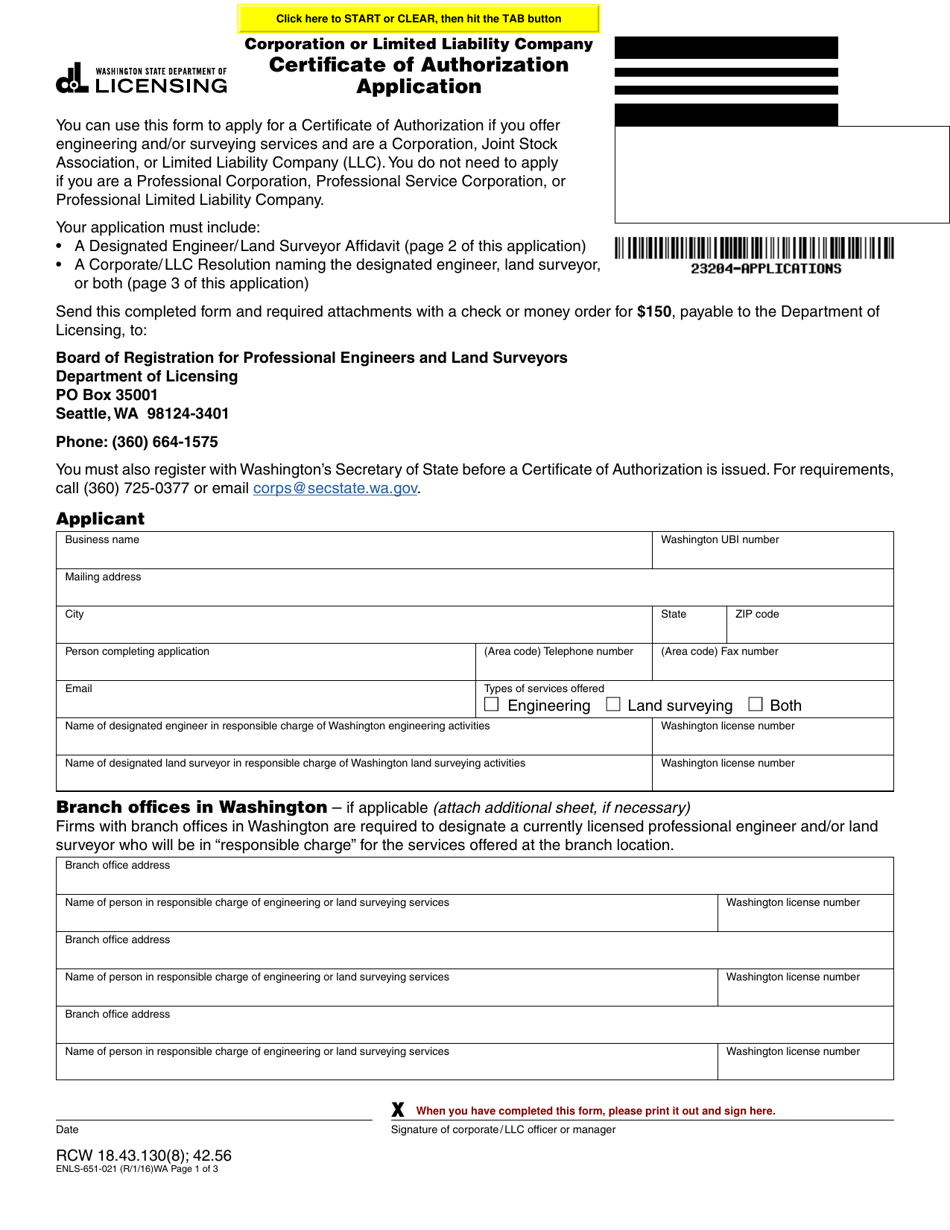 Form ENLS-651-021 Corporation or Limited Liability Company Certificate of Authorization Application - Washington, Page 1