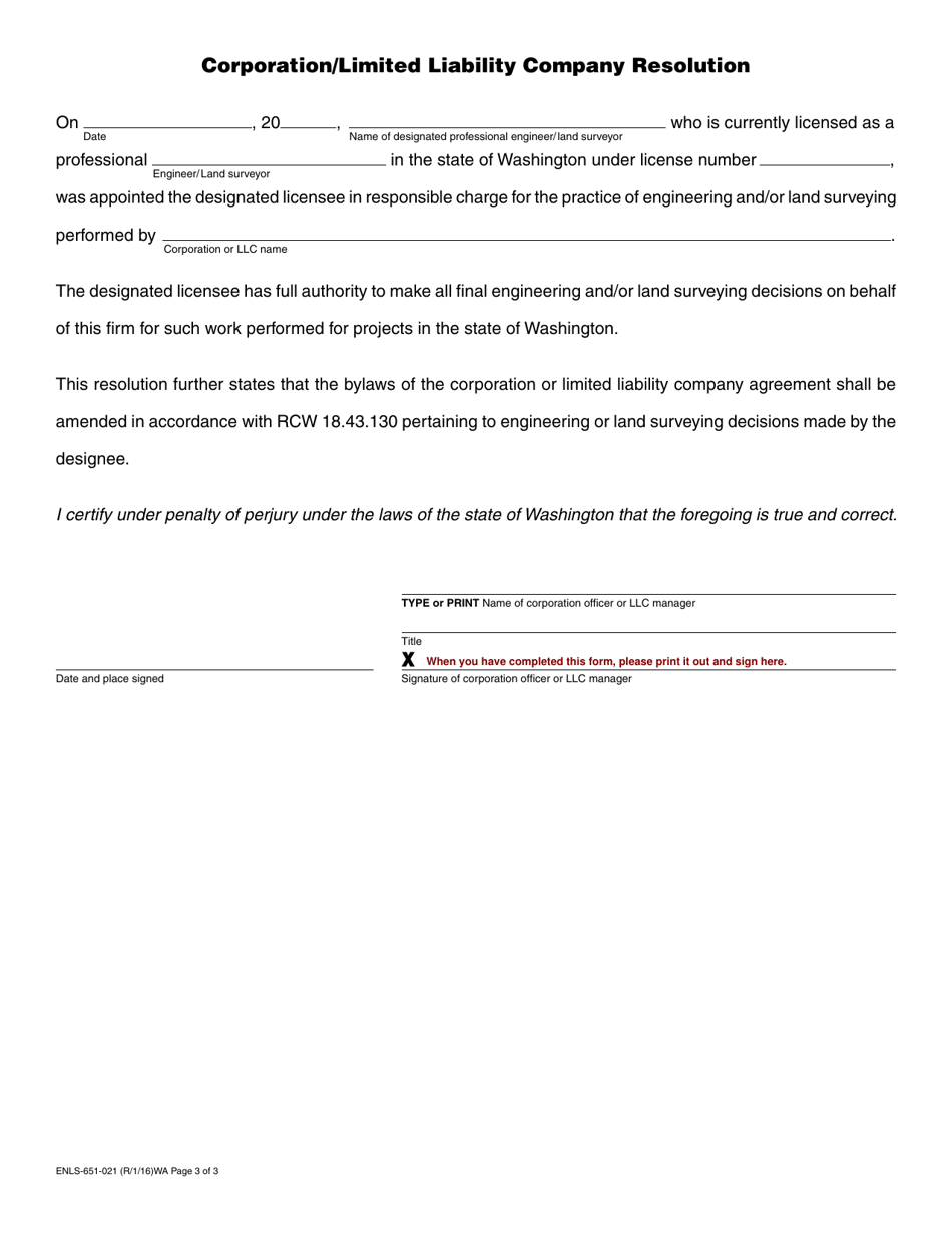 Form ENLS-651-021 Corporation or Limited Liability Company Certificate of Authorization Application - Washington, Page 3