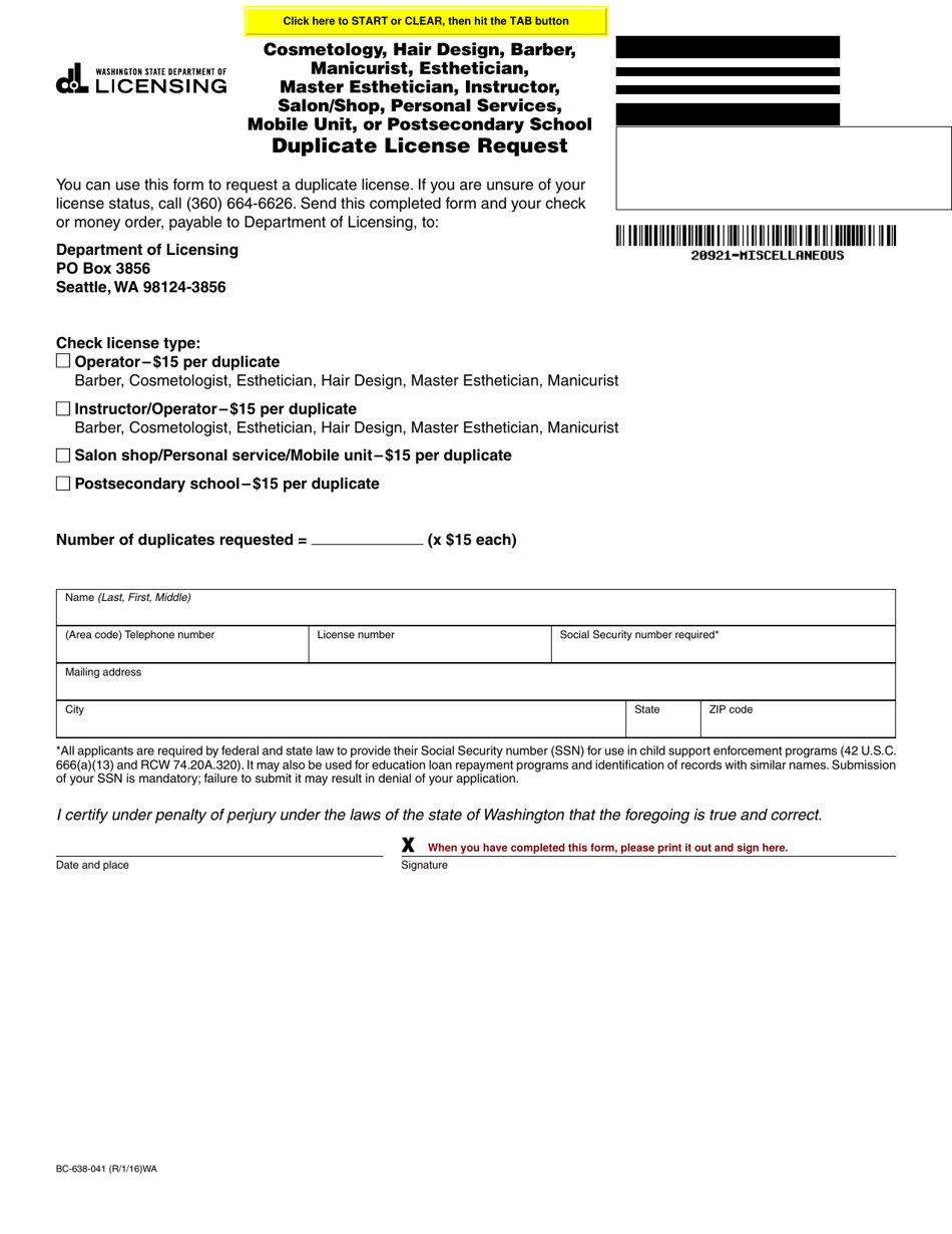 Form BC-638-041 Cosmetology, Hair Design, Barber, Manicurist, Esthetician, Master Esthetician, Instructor, Salon / Shop, Personal Services, Mobile Unit, or Postsecondary School Duplicate License Request - Washington, Page 1
