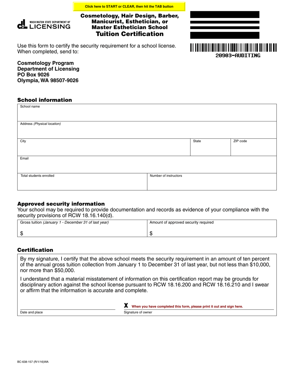 Form BC-638-157 Cosmetology, Hair Design, Barber, Manicurist, Esthetician, or Master Esthetician School Tuition Certification - Washington, Page 1