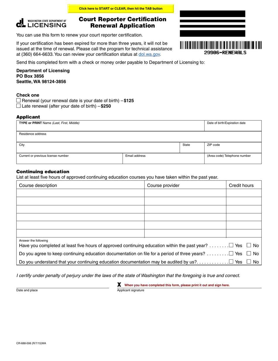 Form CR-688-006 Court Reporter Certification Renewal Application - Washington, Page 1