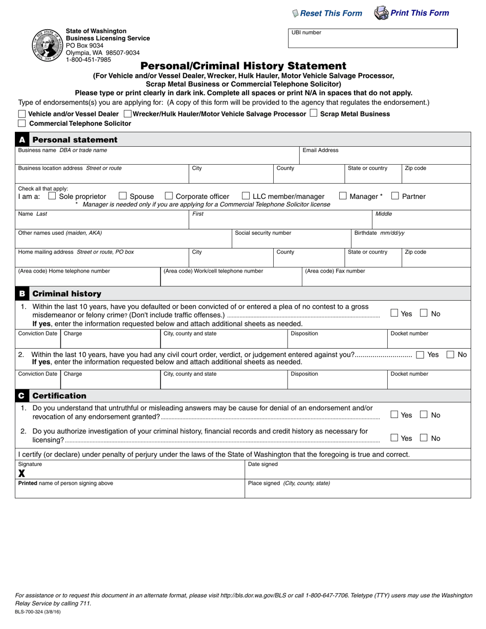 Form BLS-700-324 Personal / Criminal History Statement (For Vehicle and / or Vessel Dealer, Wrecker, Hulk Hauler, Motor Vehicle Salvage Processor, Scrap Metal Business or Commercial Telephone Solicitor) - Washington, Page 1