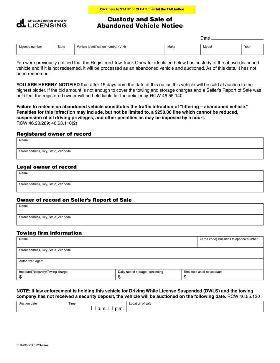 Form DLR-430-509 Custody and Sale of Abandoned Vehicle Notice - Washington, Page 1