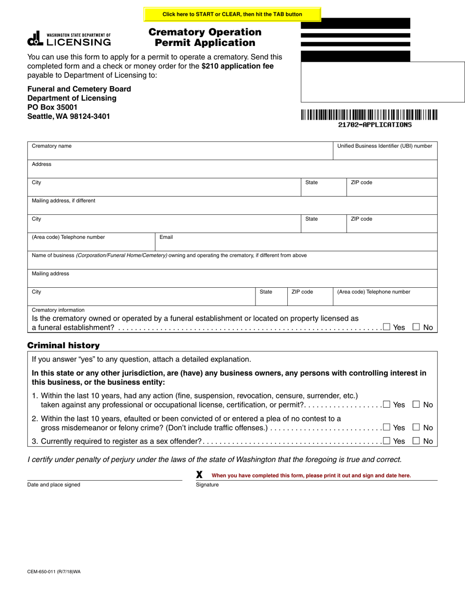 Form CEM-650-011 Crematory Operation Permit Application - Washington, Page 1