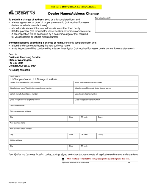 Form DLR-430-216 Dealer Name/Address Change - Washington