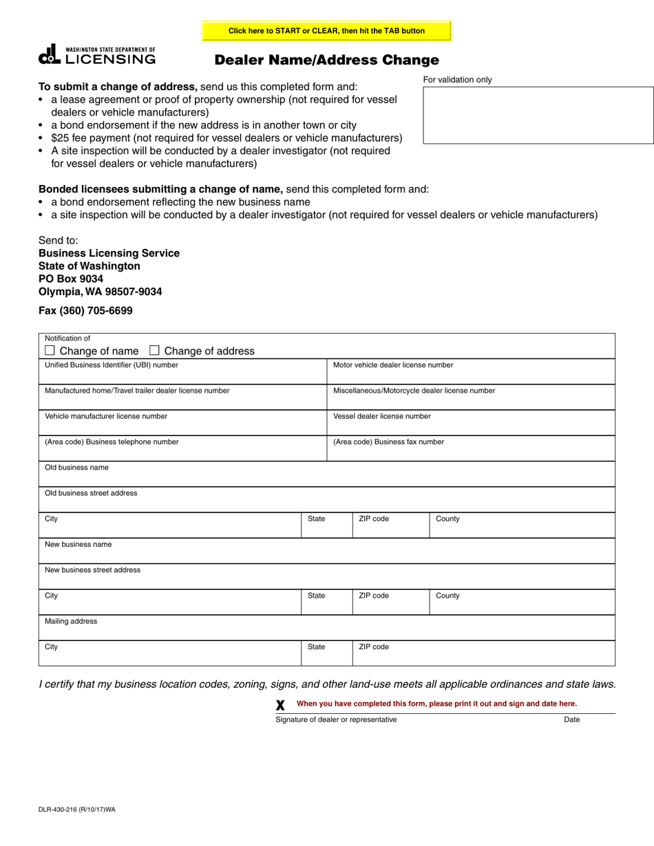 Form DLR-430-216 Dealer Name / Address Change - Washington, Page 1