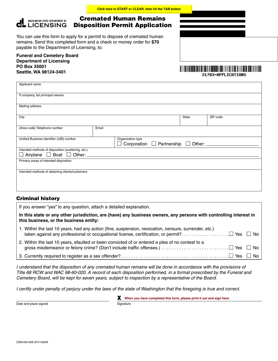 Form CEM-650-008 Cremated Human Remains Disposition Permit Application - Washington, Page 1