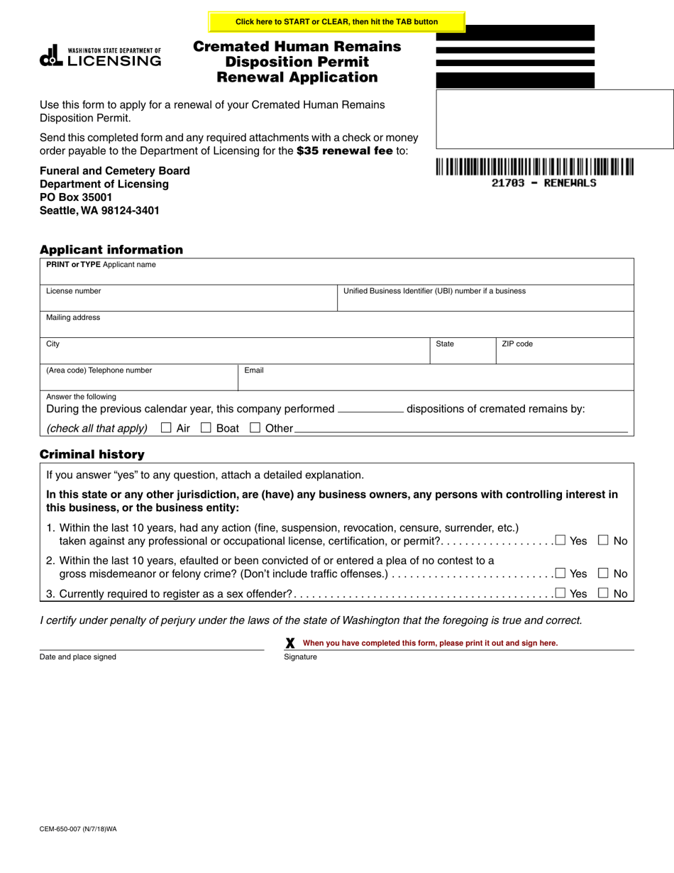 Form CEM-650-007 Cremated Human Remains Disposition Permit Renewal Application - Washington, Page 1