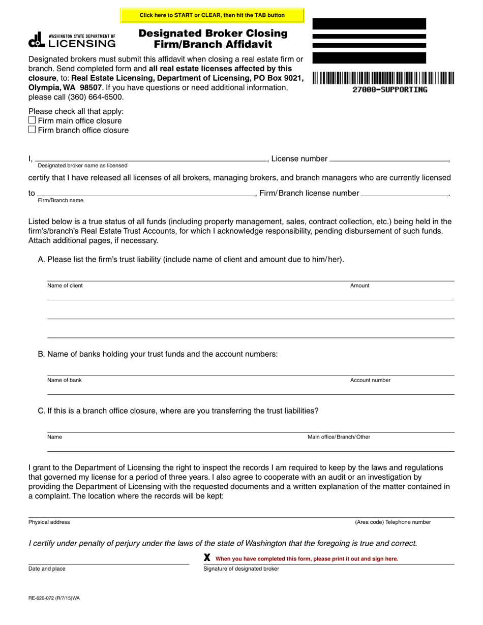 Form RE-620-072 Designated Broker Closing Firm / Branch Affidavit - Washington, Page 1