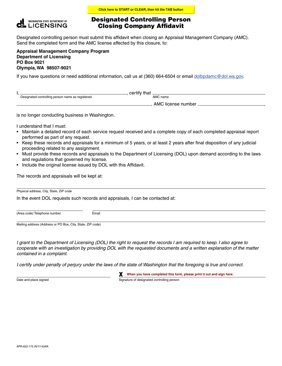 Form APR-622-175 Designated Controlling Person Closing Company Affidavit - Washington, Page 1