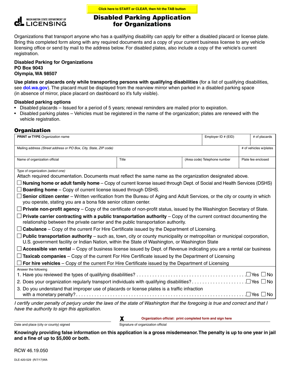 Form DLE-420-529 Disabled Parking Application for Organizations - Washington, Page 1