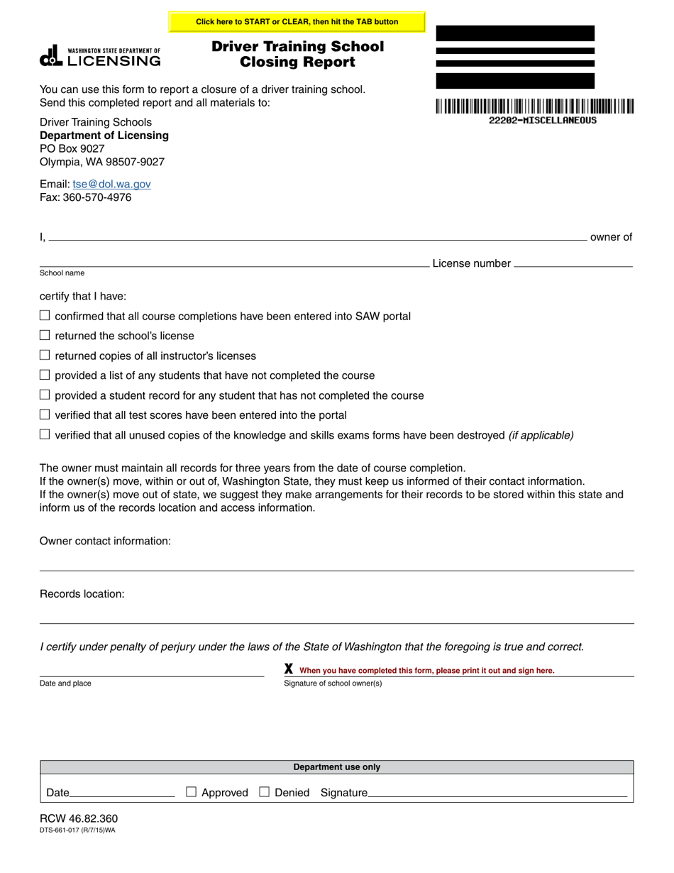 Form DTS-661-017 Driver Training School Closing Report - Washington, Page 1