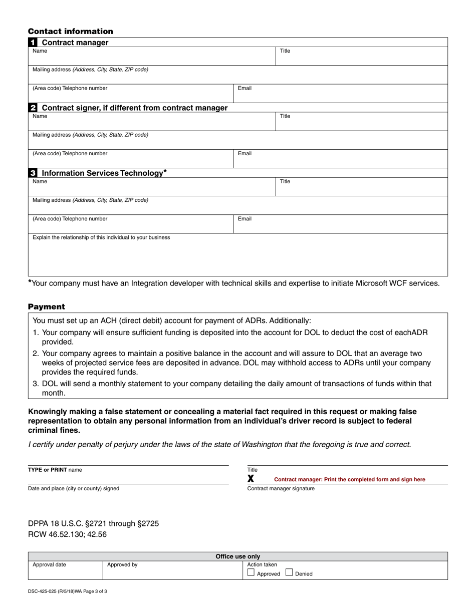 Form DSC-425-025 Driver Records - Contract Application - Washington, Page 3