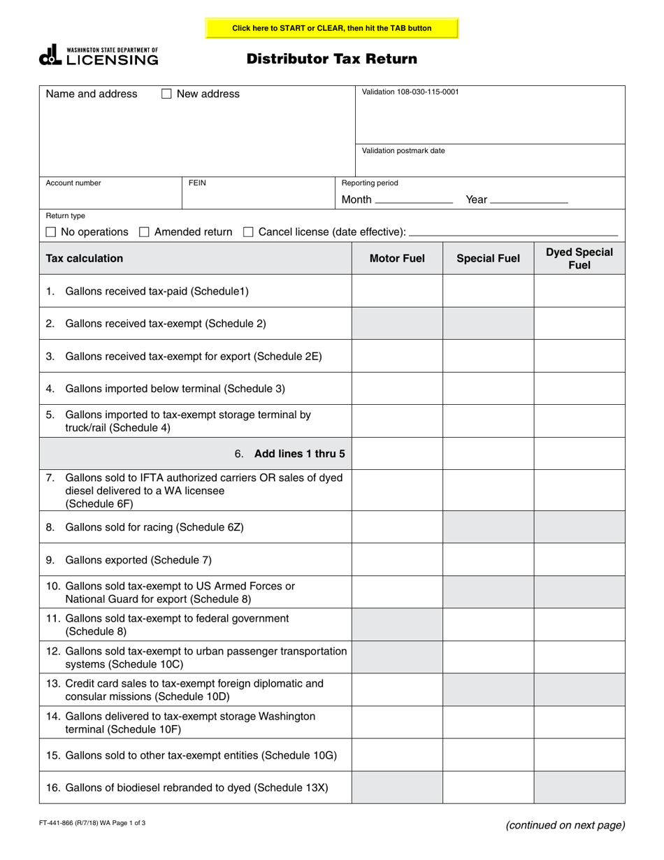 Form FT-441-866 Distributor Tax Return - Washington, Page 1