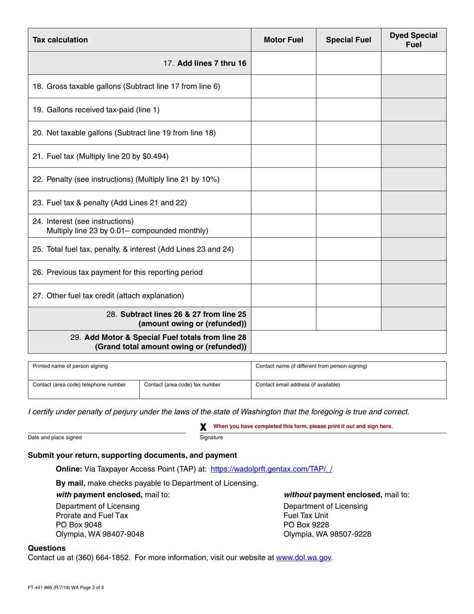 Form FT-441-866 Distributor Tax Return - Washington, Page 2