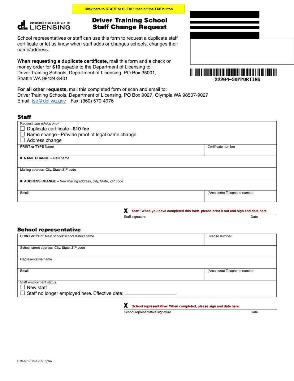 Form DTS-661-010 Driver Training School Staff Change Request - Washington, Page 1