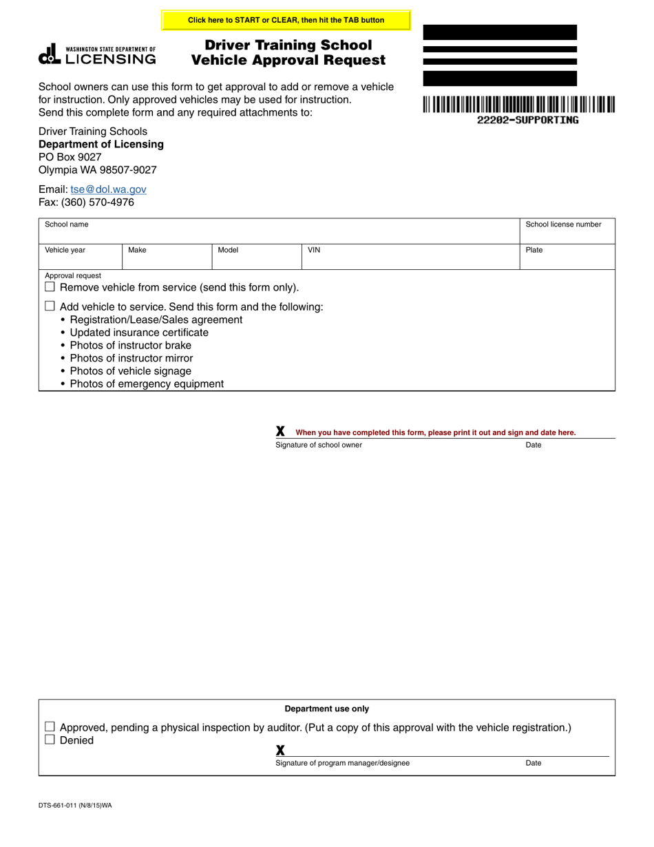 Form DTS-661-011 Driver Training School Vehicle Approval Request - Washington, Page 1
