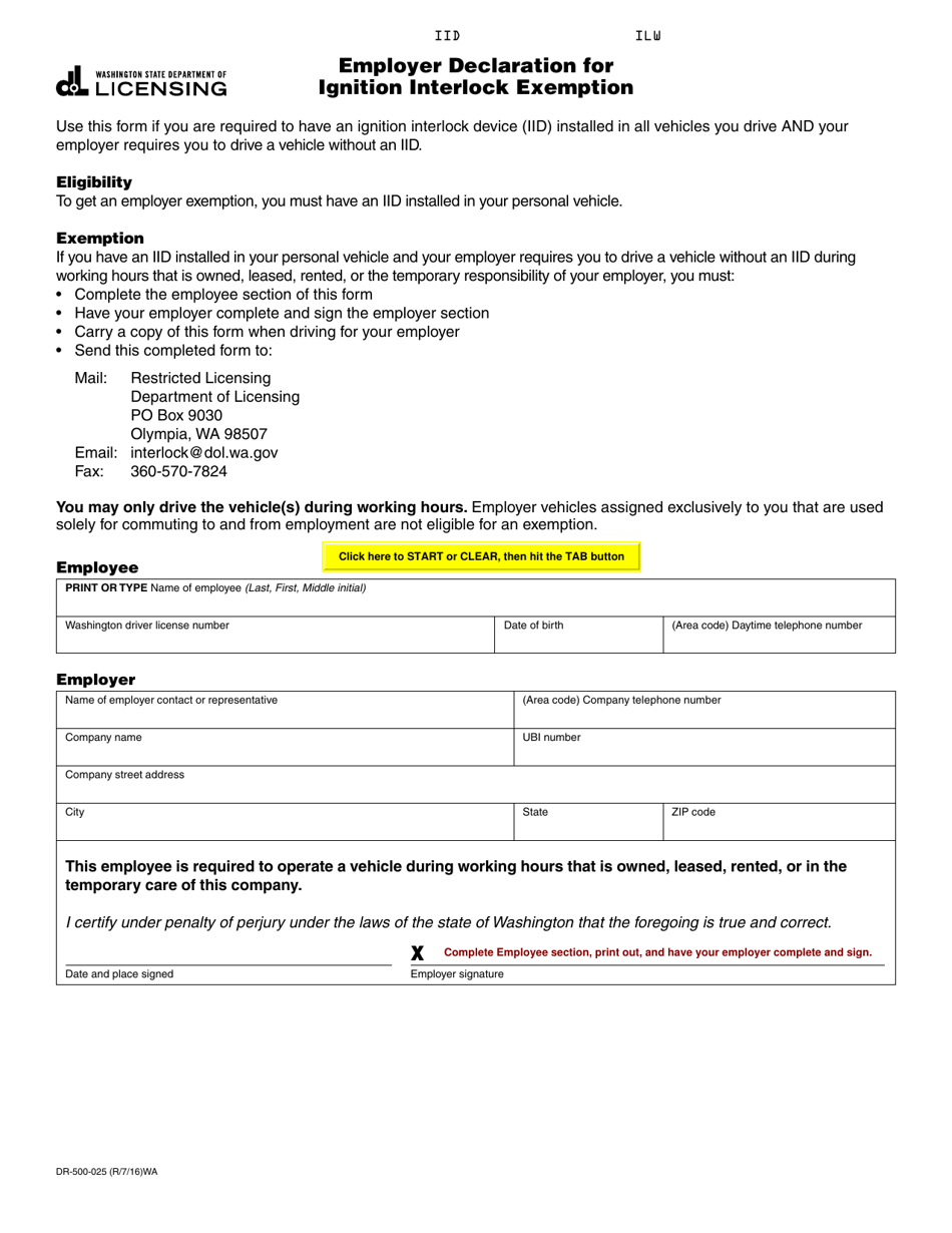 Form DR-500-025 Employer Declaration for Ignition Interlock Exemption - Washington, Page 1
