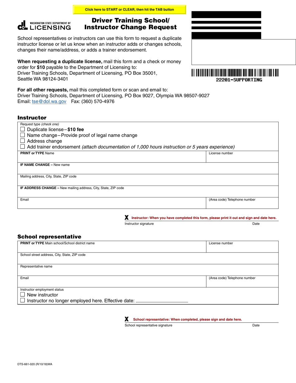 Form DTS-661-020 Driver Training School / Instructor Change Request - Washington, Page 1