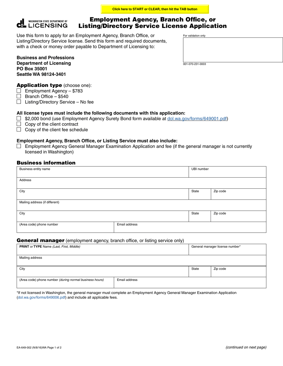 Form EA-649-002 Employment Agency, Branch Office, or Listing / Directory Service License Application - Washington, Page 1