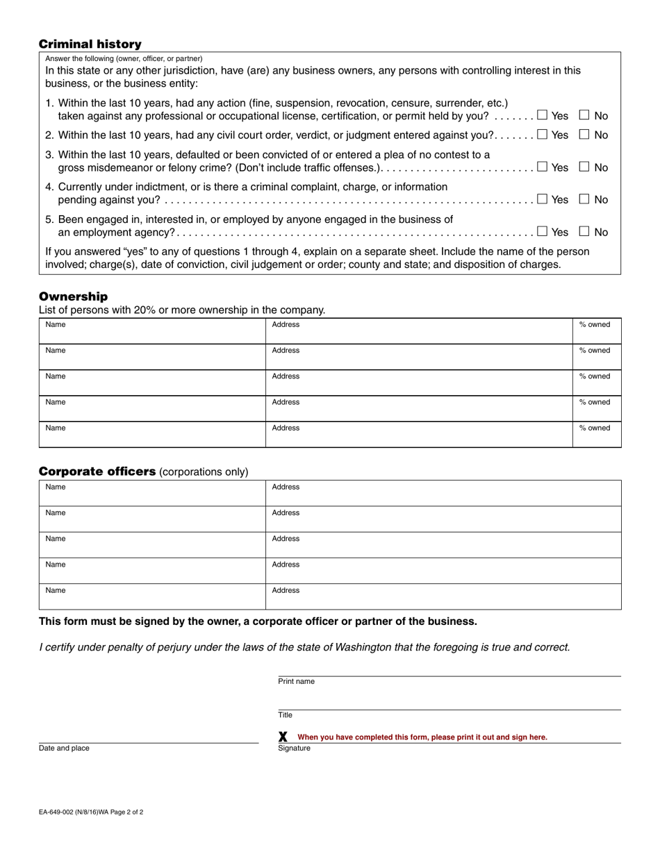Form EA-649-002 Employment Agency, Branch Office, or Listing / Directory Service License Application - Washington, Page 2
