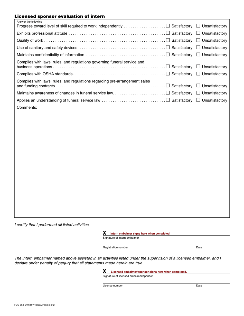 Form FDE-653-040 Embalmer Intern Training Report - Washington, Page 2