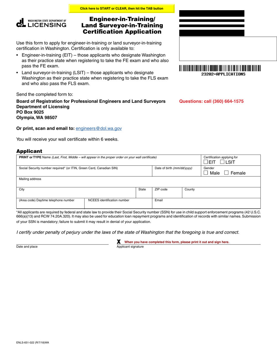 Form ENLS-651-022 Engineer-In-training / Land Surveyor-In-training Certification Application - Washington, Page 1