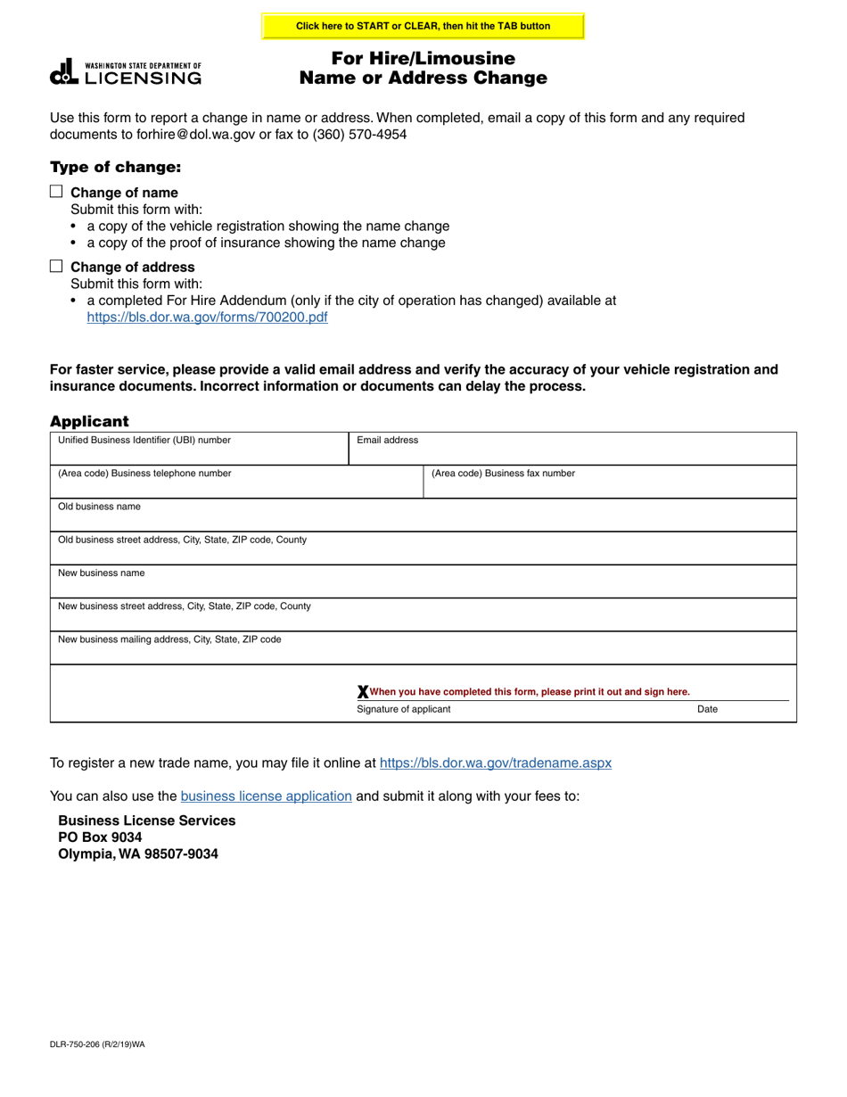 Form DLR-750-206 For Hire / Limousine Name or Address Change - Washington, Page 1