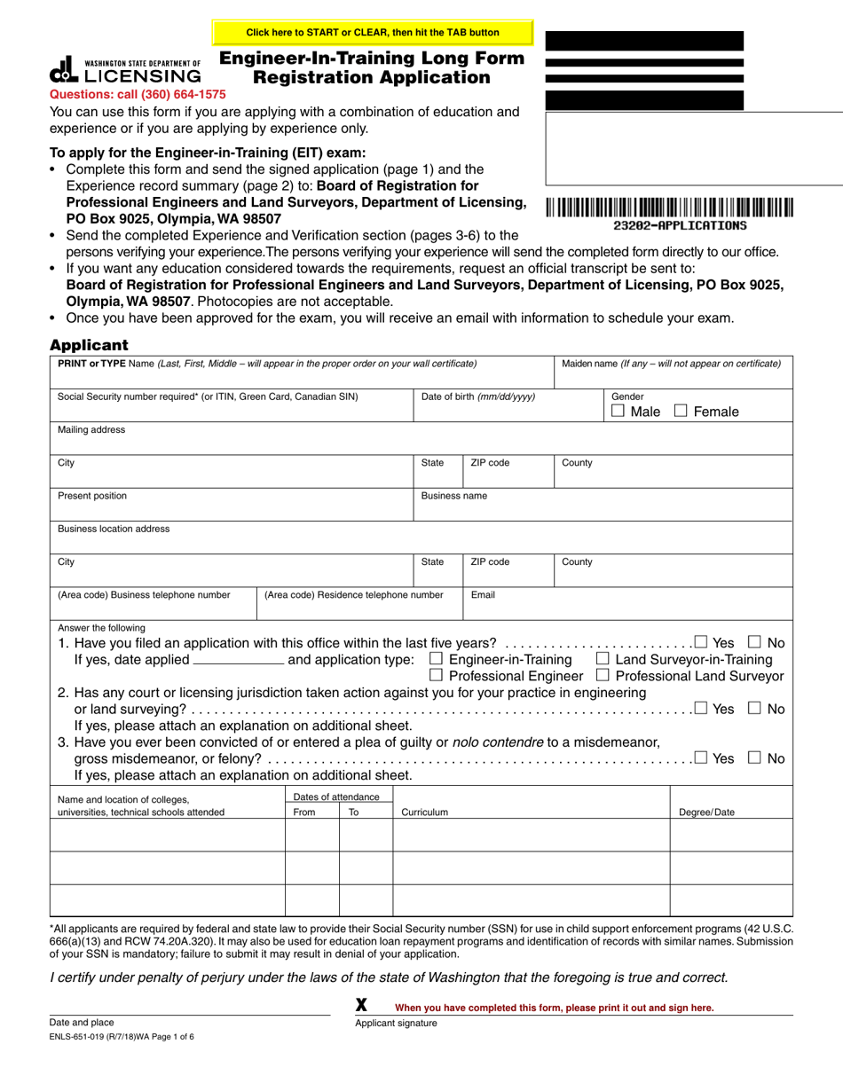 Form ENLS-651-019 Engineer-In-training Long Form Registration Application - Washington, Page 1