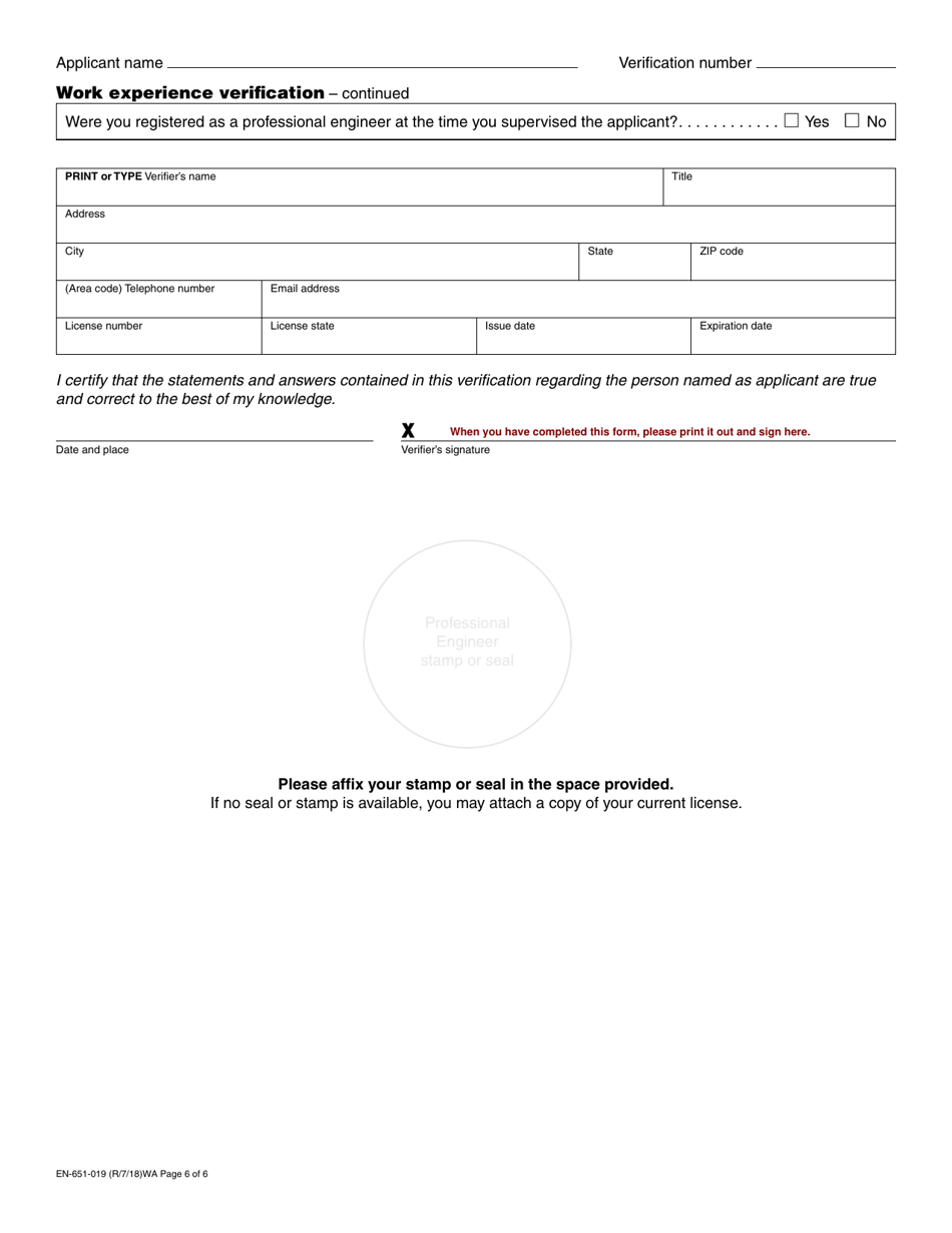 Form ENLS-651-019 Engineer-In-training Long Form Registration Application - Washington, Page 6