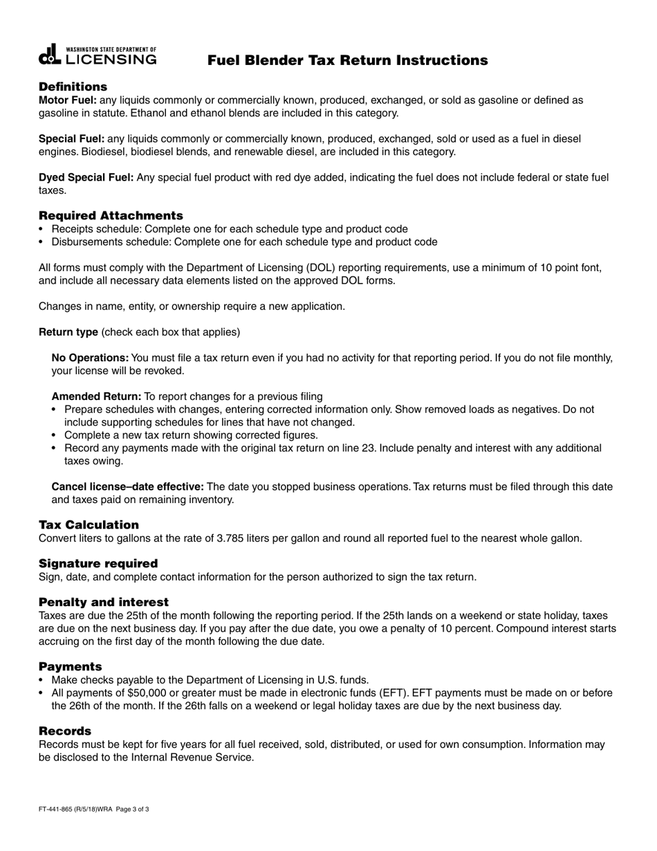 Form FT-441-865 Fuel Blender Tax Return - Washington, Page 3