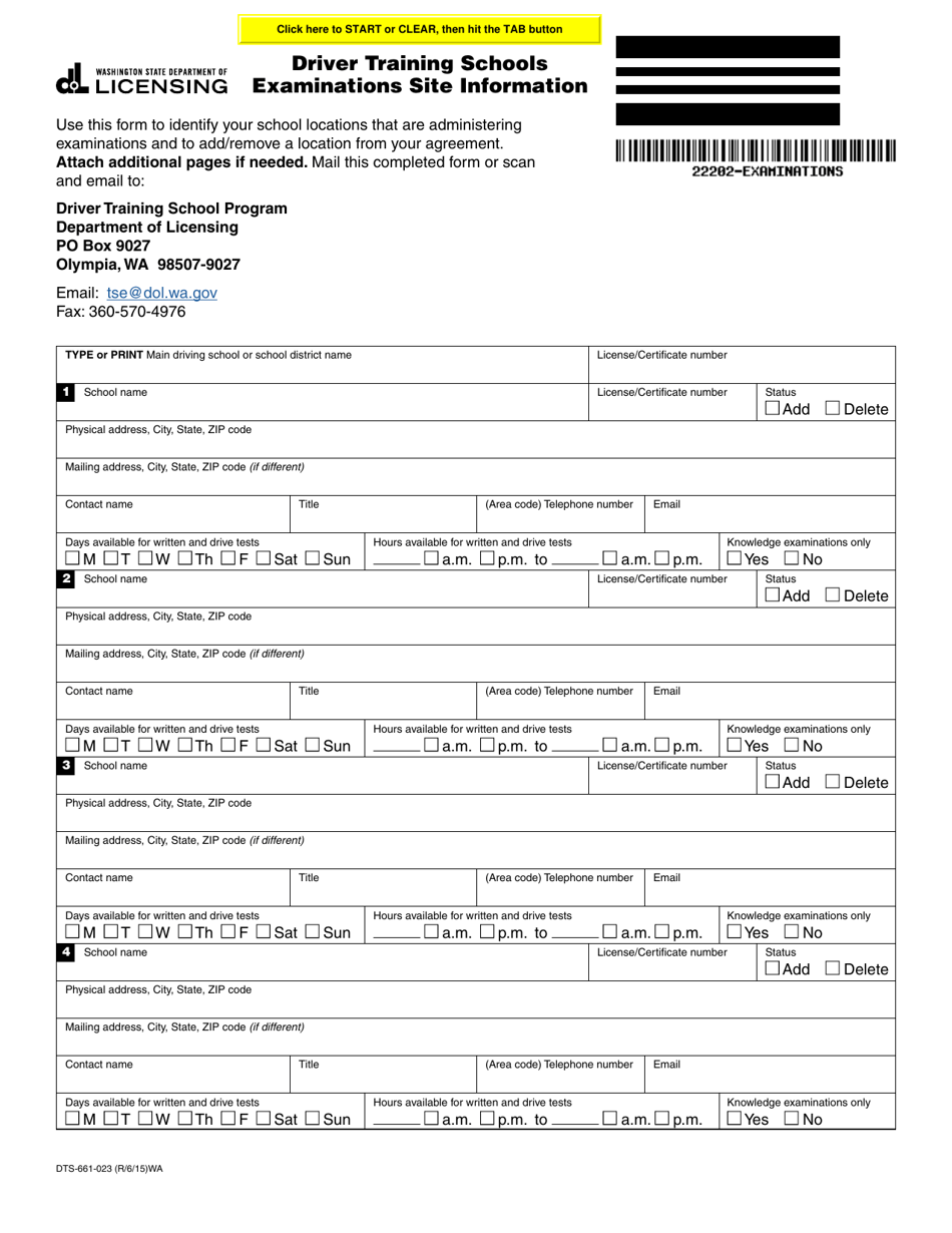 Form DTS-661-023 Driver Training Schools Examinations Site Information - Washington, Page 1