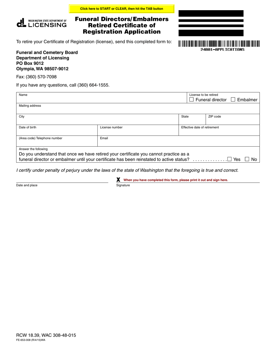 Form FE-653-008 Funeral Directors / Embalmers Retired Certificate of Registration Application - Washington, Page 1