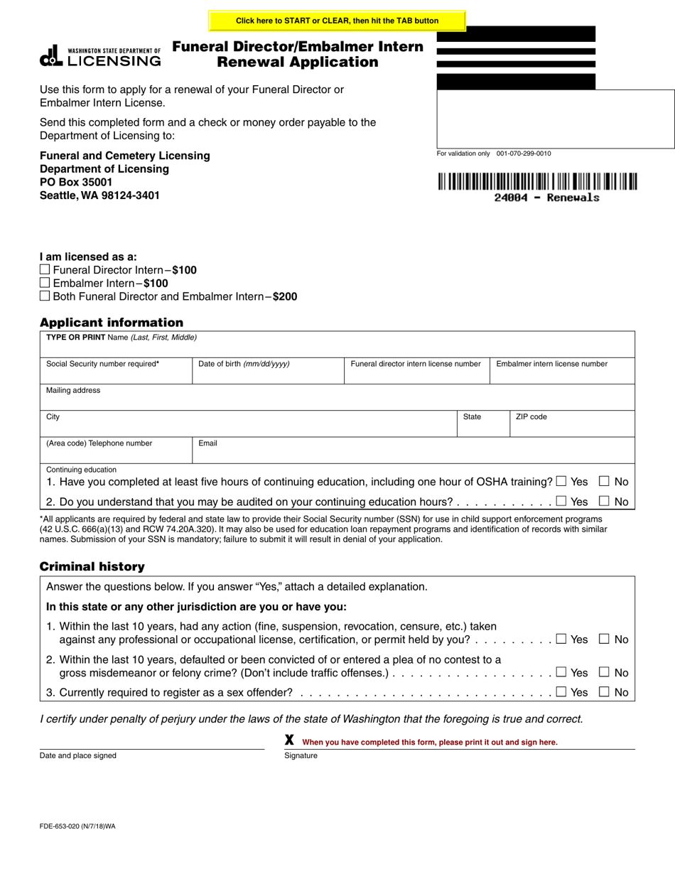 Form FDE-653-020 Funeral Director / Embalmer Intern Renewal Application - Washington, Page 1