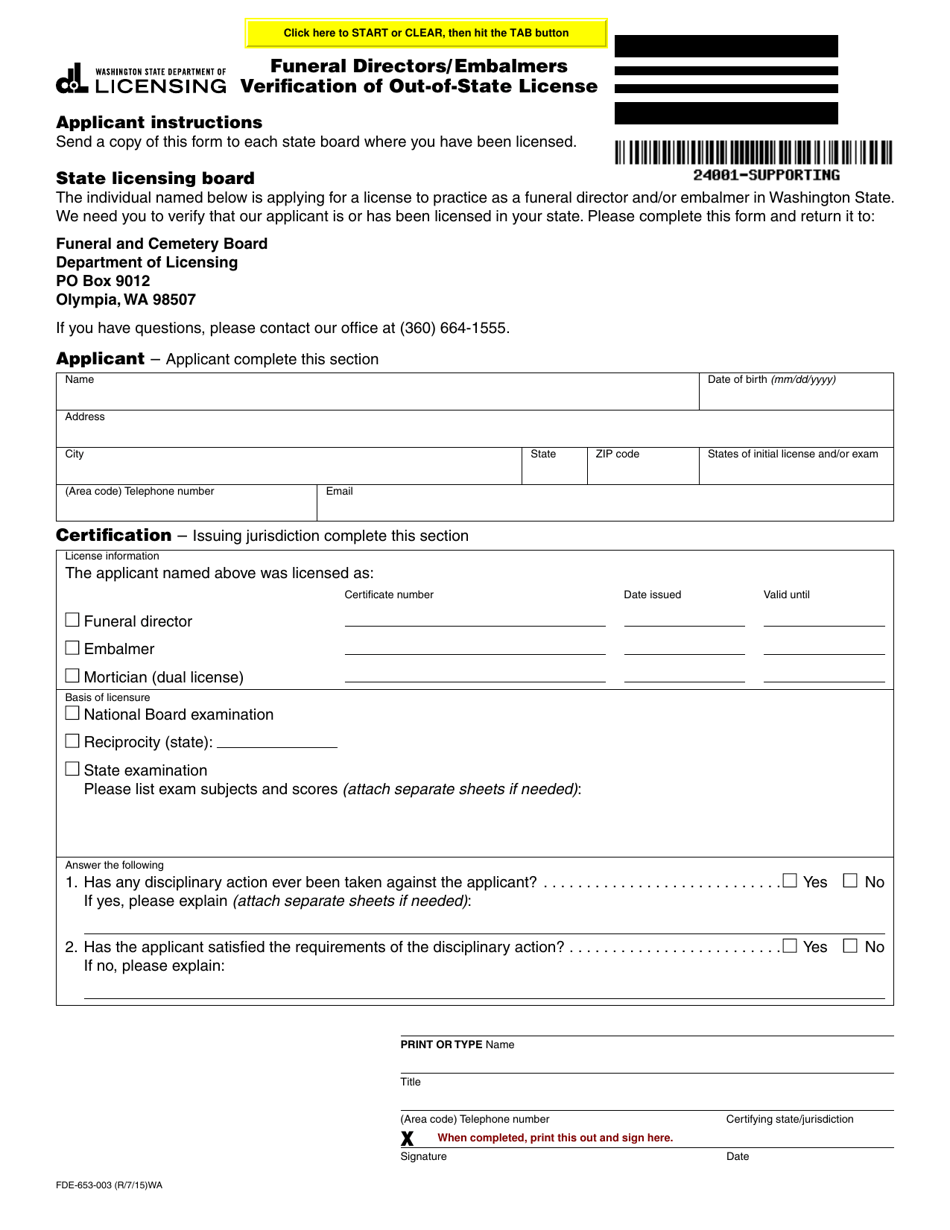 Form FDE-653-003 Funeral Directors / Embalmers Verification of Out-of-State License - Washington, Page 1
