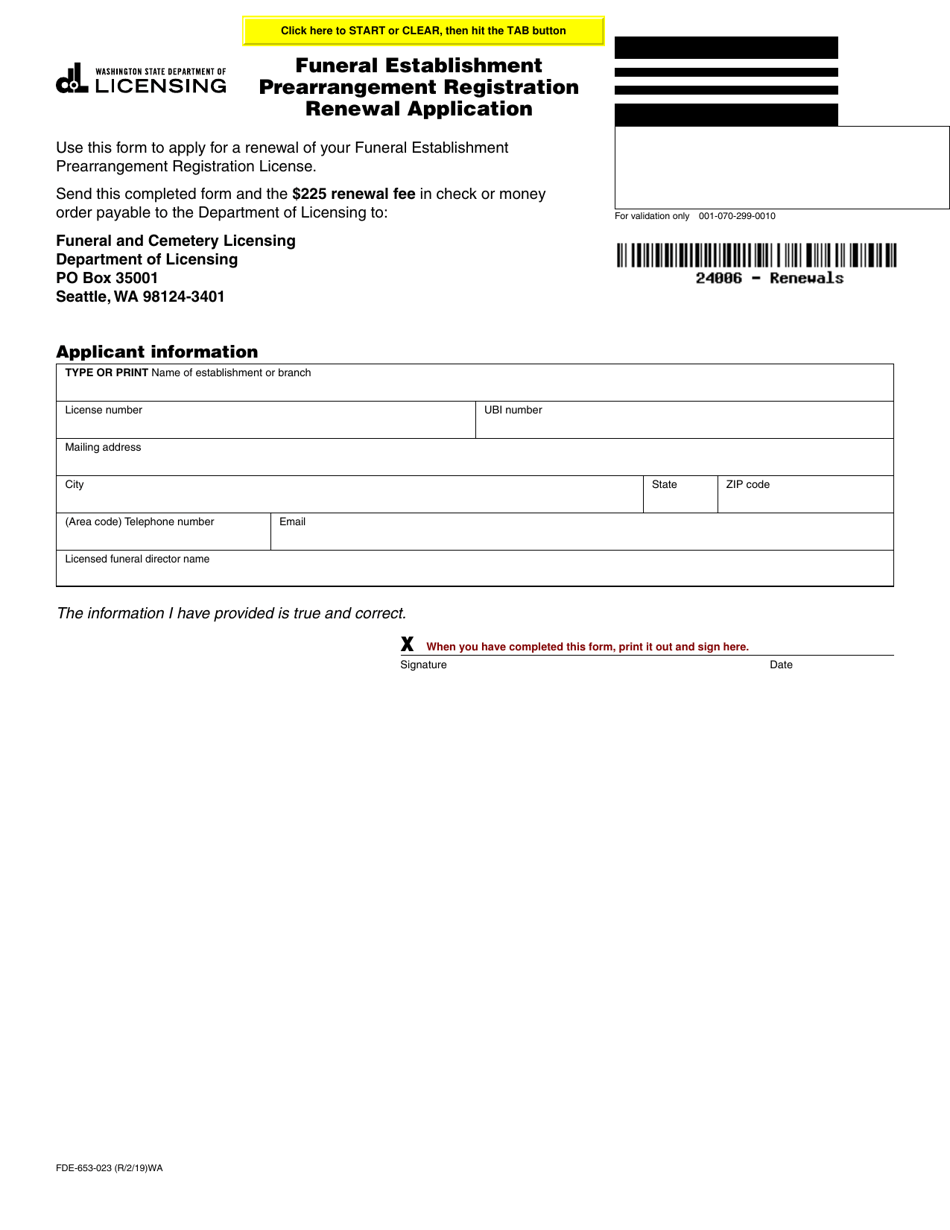 Form FDE-653-023 Funeral Establishment Prearrangement Registration Renewal Application - Washington, Page 1