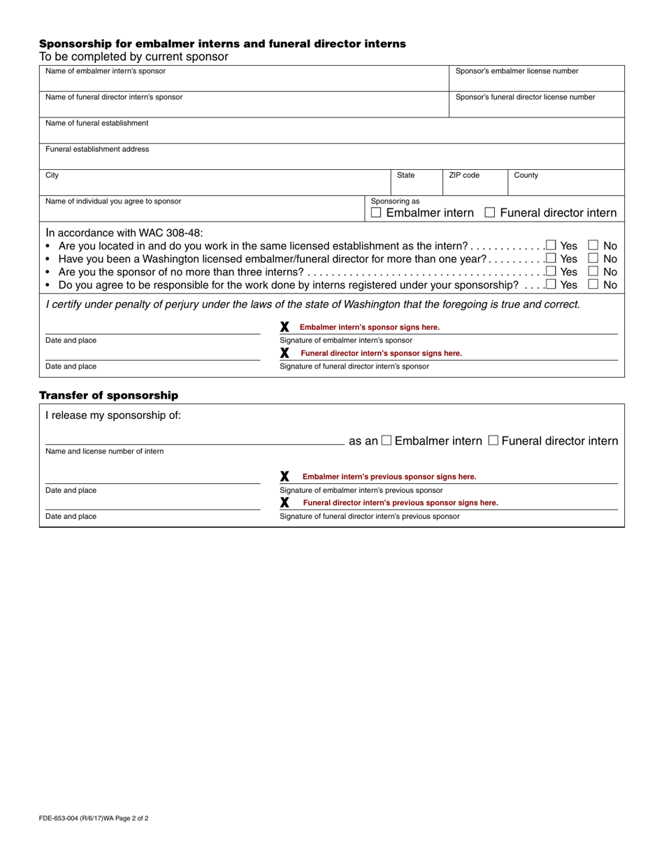 Form FDE-653-004 Funeral Director / Embalmer Intern Application - Washington, Page 2