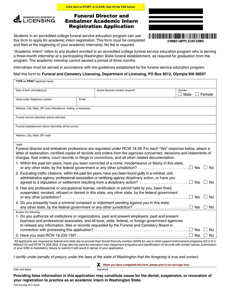 Form FDE-653-006 Funeral Director and Embalmer Academic Intern Registration Application - Washington, Page 1