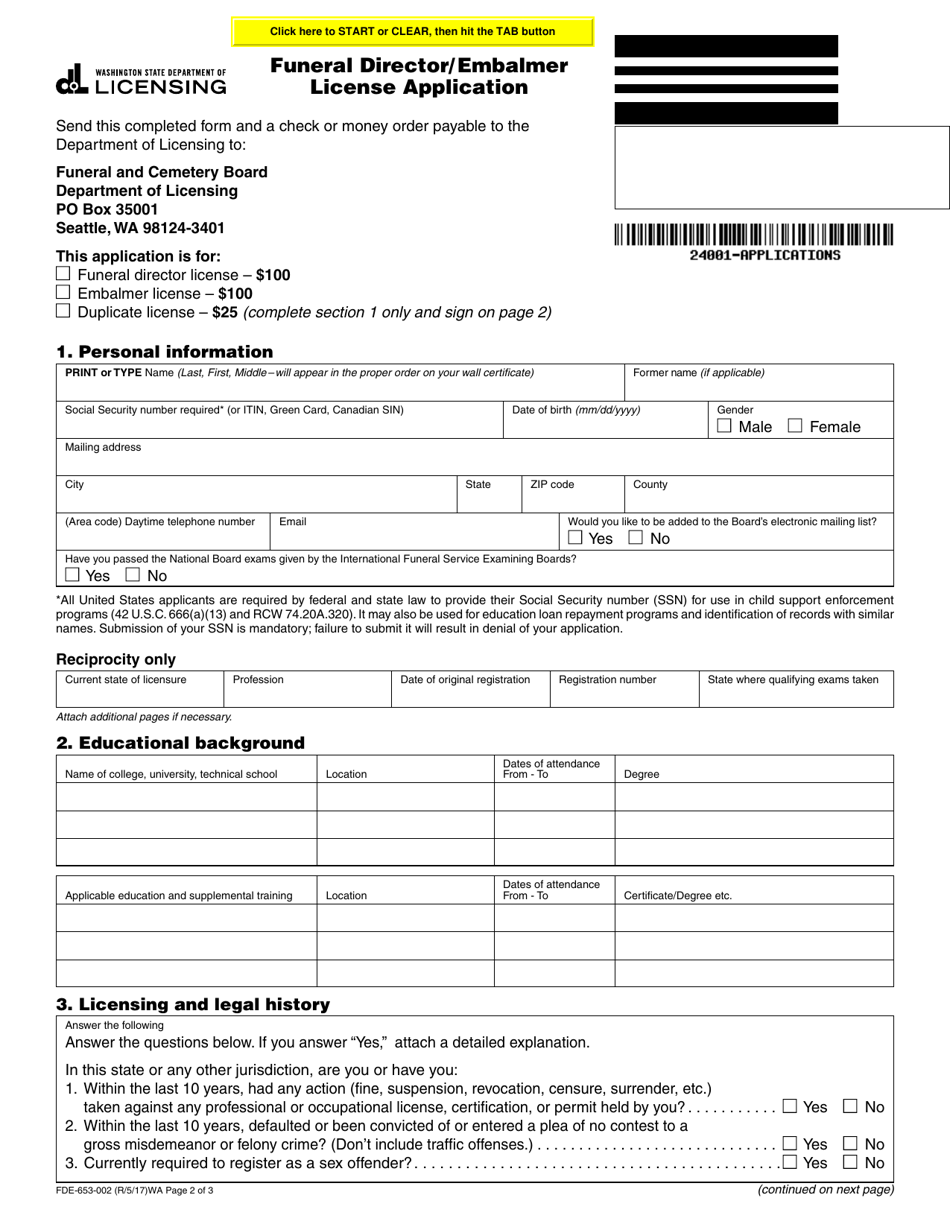 Form FDE-653-002 Funeral Director / Embalmer License Application - Washington, Page 2