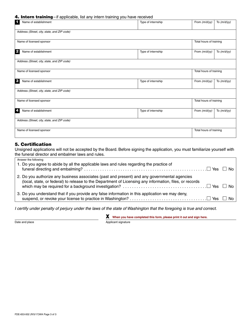 Form FDE-653-002 Funeral Director / Embalmer License Application - Washington, Page 3