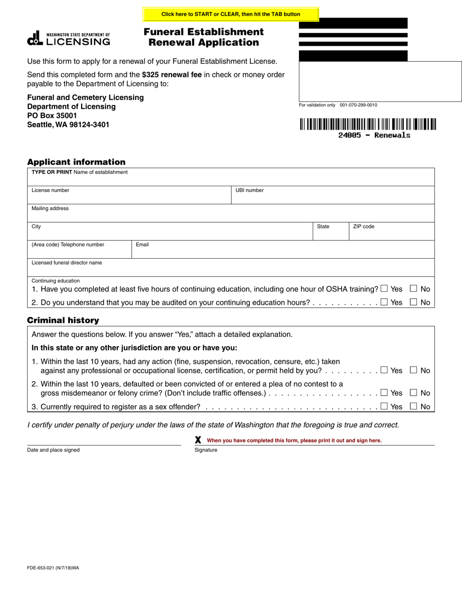 Form FDE-653-021 Funeral Establishment Renewal Application - Washington, Page 1