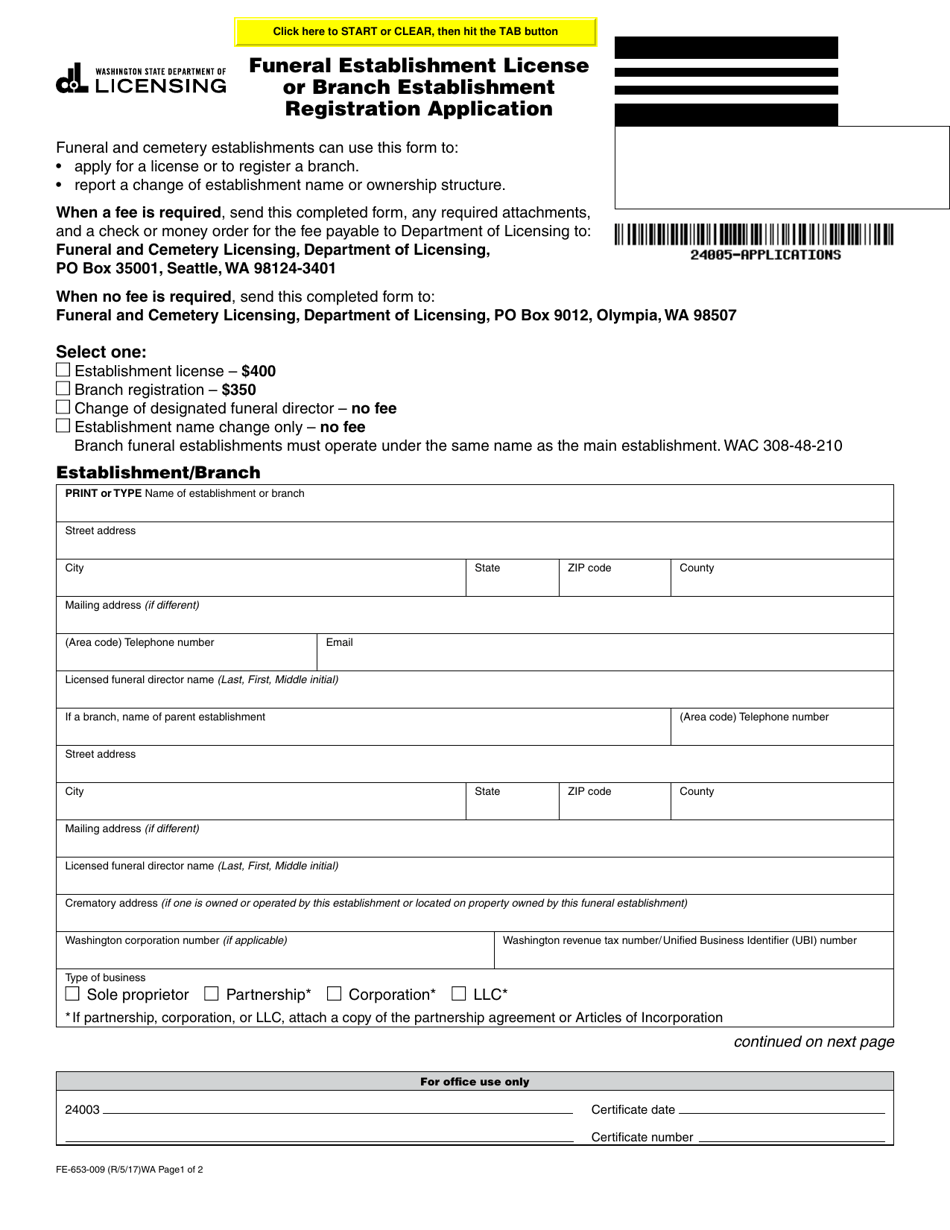 Form FE-653-009 Funeral Establishment License or Branch Establishment Registration Application - Washington, Page 1
