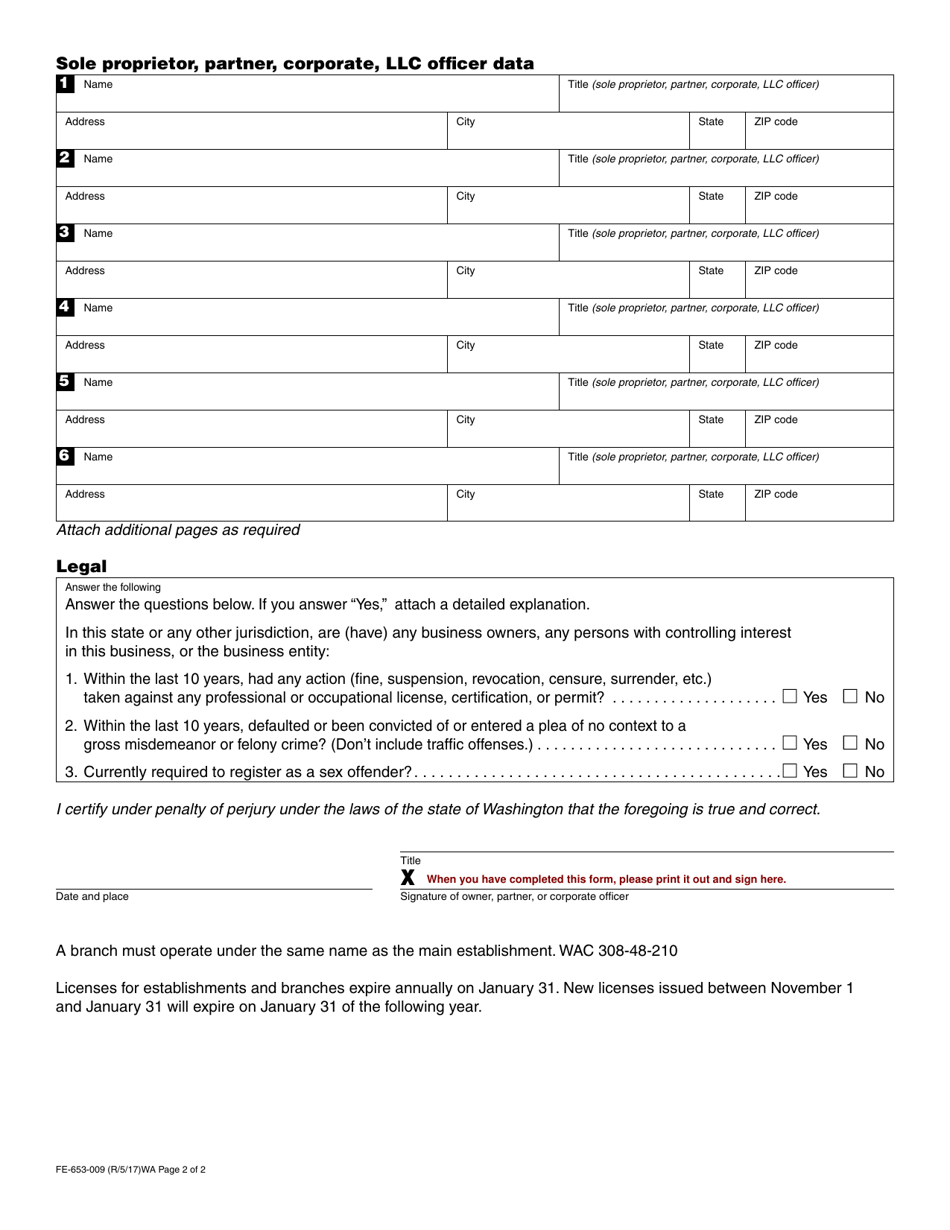 Form FE-653-009 Funeral Establishment License or Branch Establishment Registration Application - Washington, Page 2