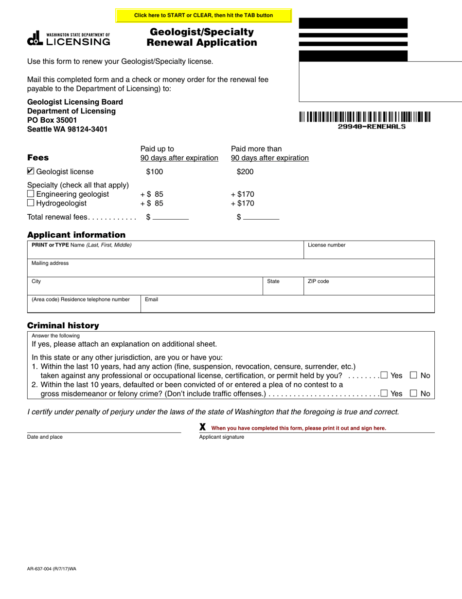 Form AR-637-004 Geologist / Specialty Renewal Application - Washington, Page 1