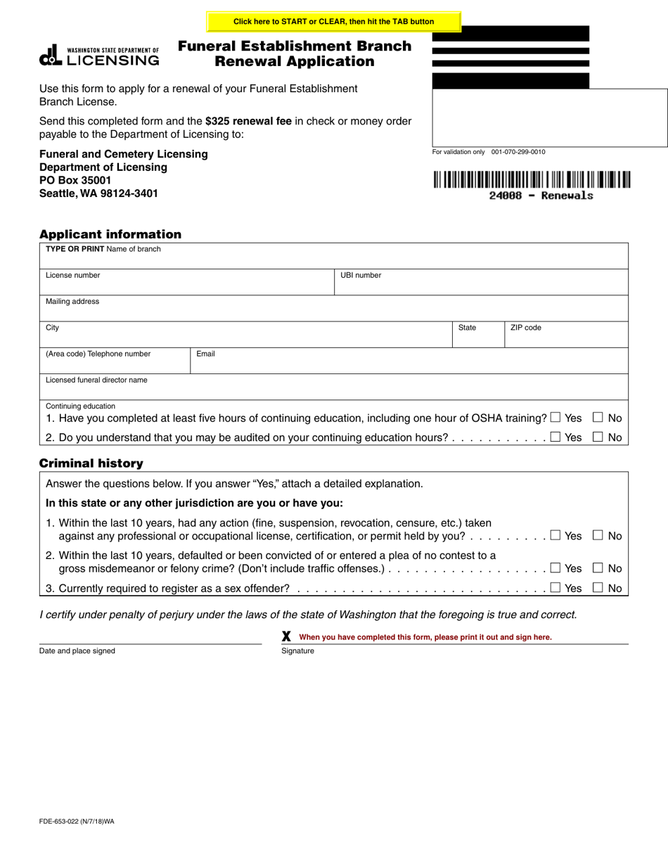 Form FDE-653-022 Funeral Establishment Branch Renewal Application - Washington, Page 1