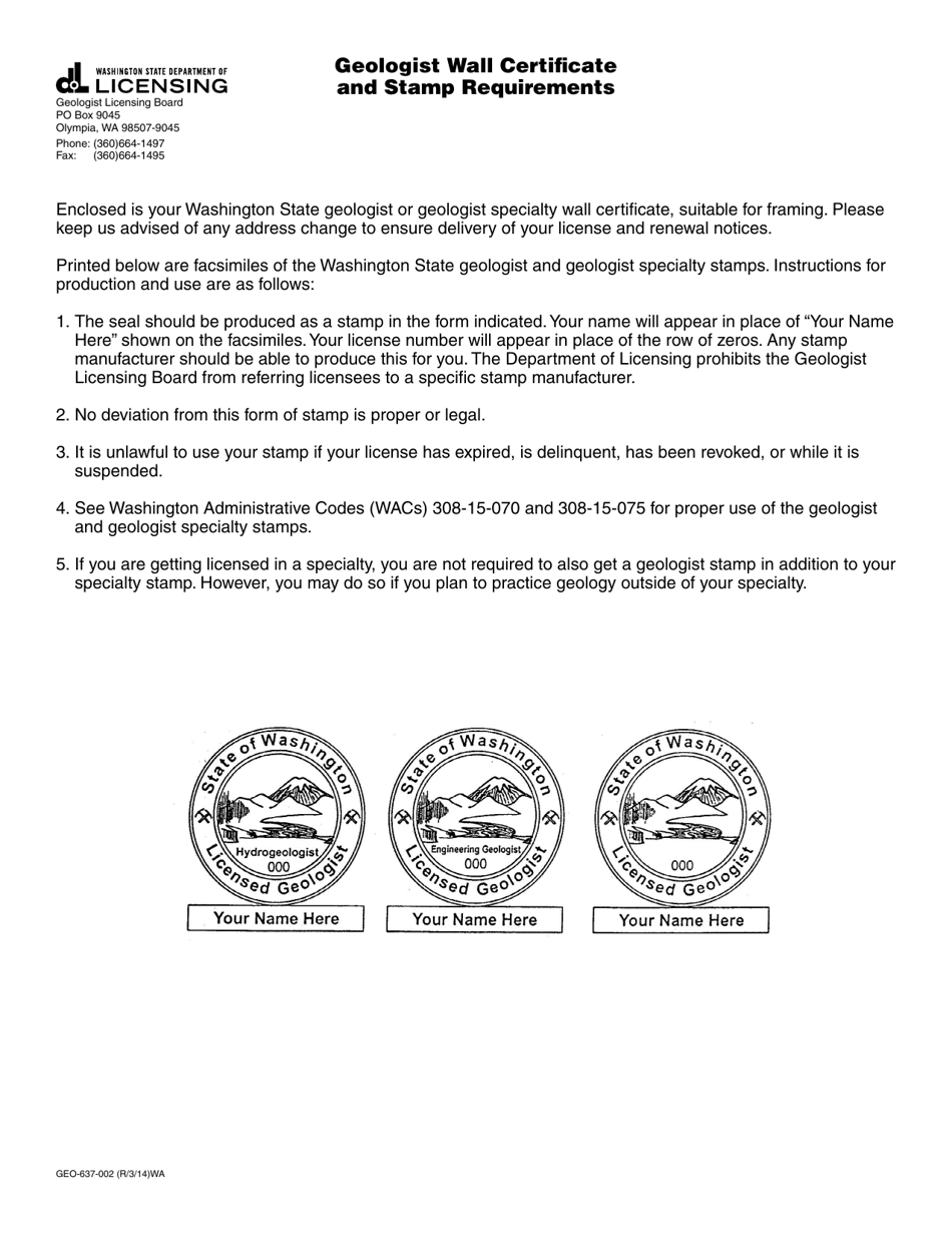 Form GEO-637-002 Geologist Wall Certificate and Stamp Requirements - Washington, Page 1